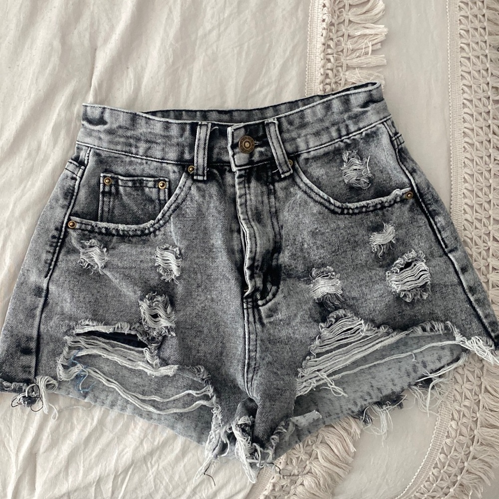 Black distressed denim shorts